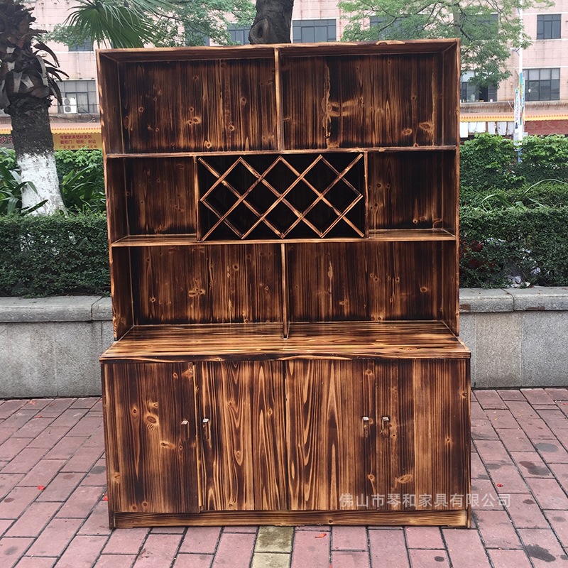 批发实木酒柜杉木炭烧货柜复古炭烧格子酒柜陈列柜火锅店专用柜子|ru
