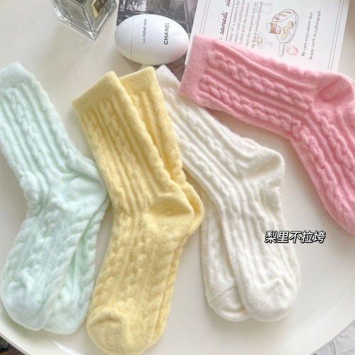 Autumn and winter warm plus velvet thickened socks for women mink velvet ins floor socks candy-colored sleep socks mid-calf socks solid color