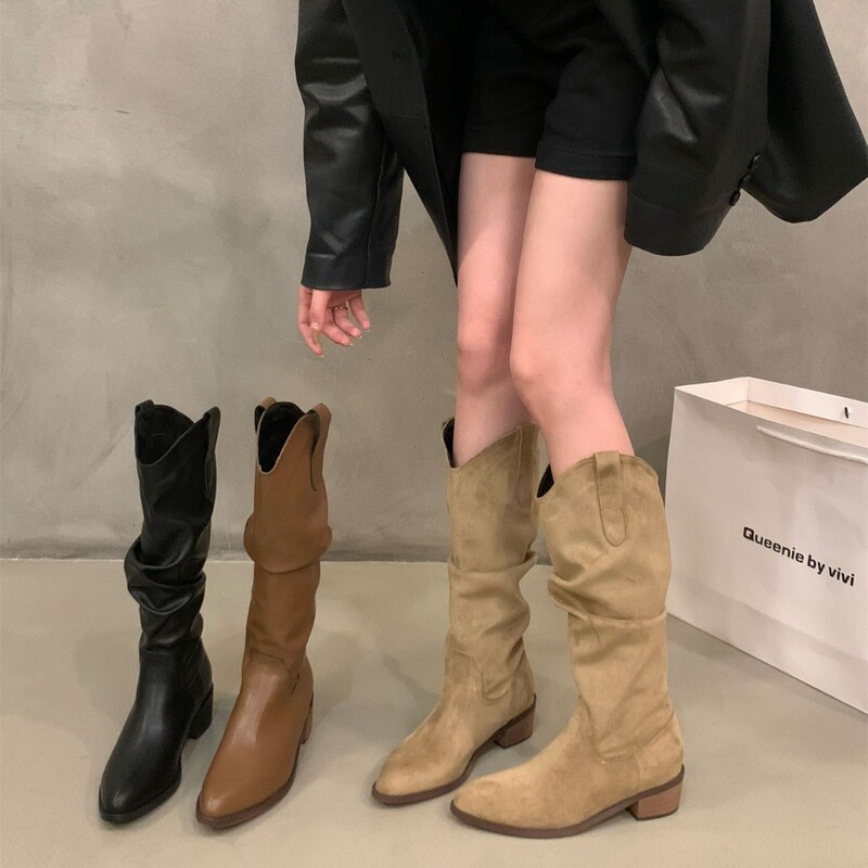 Chunky Heel Retro Brown V-Cut Slouch High Boots for Women 2024 Autumn Pointed Toe Western Cowboy Long Boots