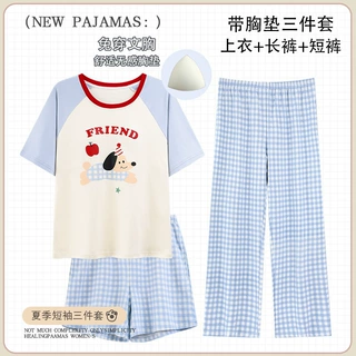 棉质带胸垫睡衣女夏季短袖短裤长裤三件套可爱卡通少女家居服套装