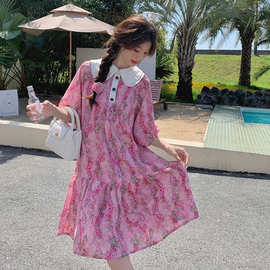 实拍粉色娃娃领碎花裙夏季女新款韩系甜美小个子减龄中长款娃娃裙