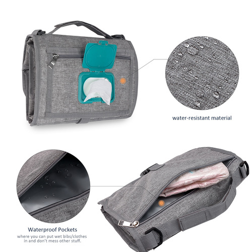 Portable baby changing pad supplies for outdoor travel folding diapers include shoulder straps and wipes pocket design