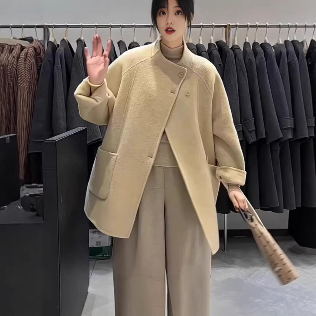 (스몰 퍼프) 2025 신상 양면 울 가을 겨울 신상 한국 스타일 스탠드 칼라 중간 길이 울 여성 코트