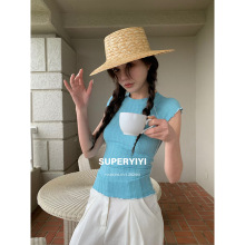 SUPERYIYI十三行夏季韩系甜美肌理感坎肩圆领针织短袖T恤女20381