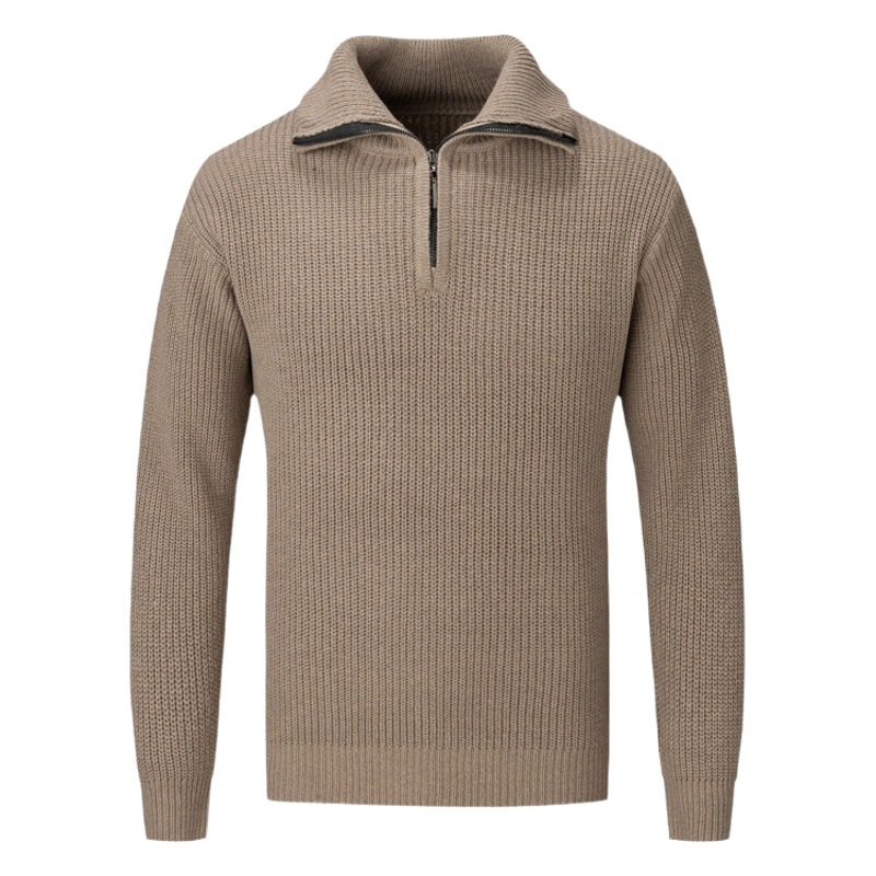 Suéter de cuello medio alto con cremallera para hombre, estilo holgado para otoño e invierno, tejido de punto de color sólido de alta gama, top de manga larga para comercio exterior