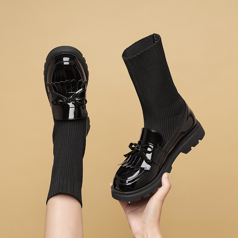 Girls' Autumn and Winter New Stretch Boots Black Mid-Sized Boots for Middle and Big Kids and Students Slimming Girls Show Martin Boots