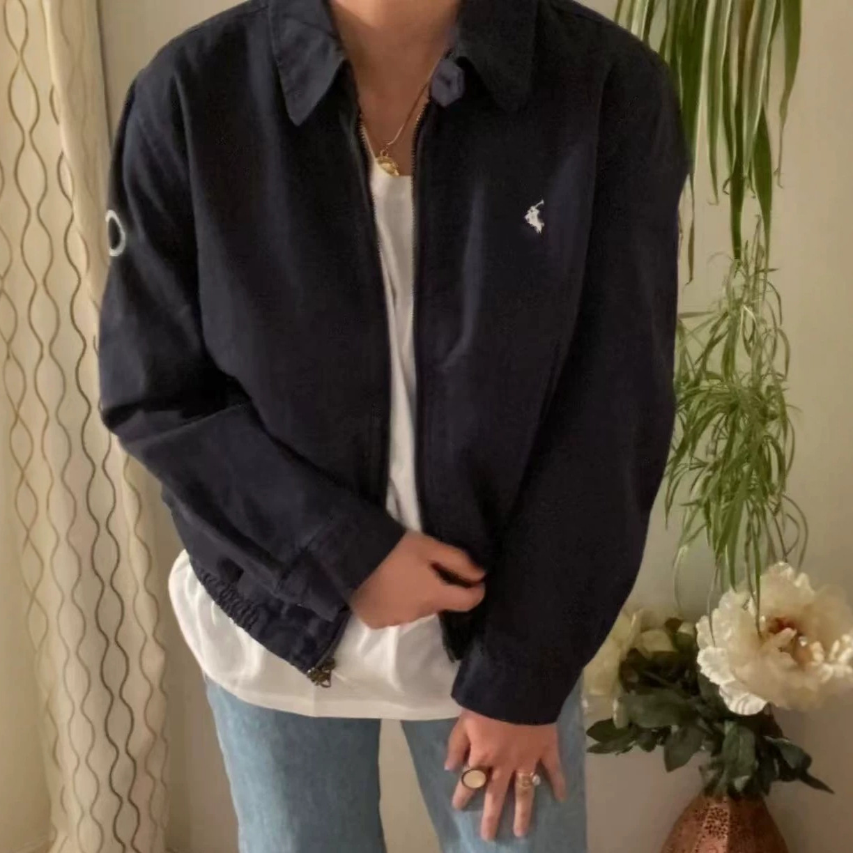 跨境可扫码RL拉夫小马标刺绣老干部风经典翻领女款夹克上衣老钱风