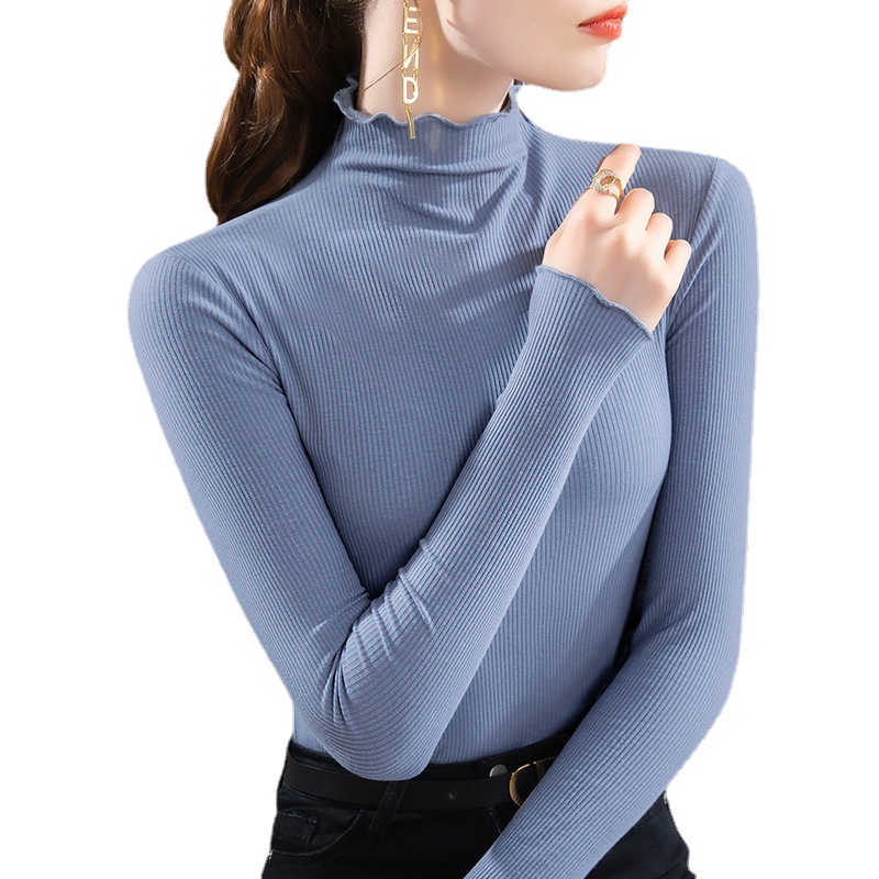 Camiseta interior modal para mujer, cuello medio alto, ropa de mujer 2024, efecto rejuvenecedor, borde con volantes, ropa interior para otoño e invierno, top ajustado a la cintura con mangas con volantes.