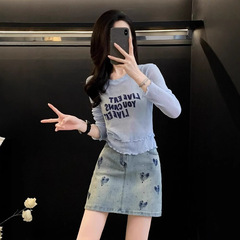 フレンチスタイルの偽ツーピースブルーアイスシルクショート長袖トップ女性のための夏のホットガールアウターウェア薄いニット日焼け止めブラウス