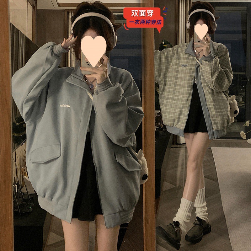 Japanese retro double-sided stand-up collar plaid jacket for women spring and autumn loose couple cardigan jacket