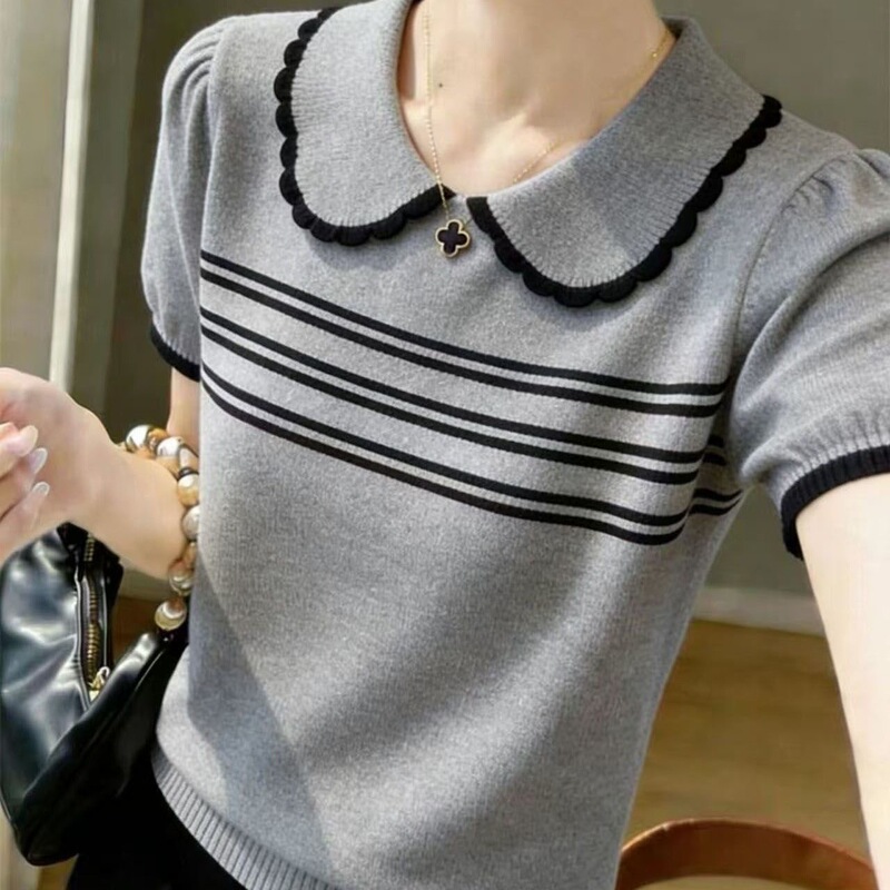 2026 Summer New Style Doll Collar Striped Knit Sweater for Women, Stylish Color-Contrast Slimming Versatile Youthful Top ins