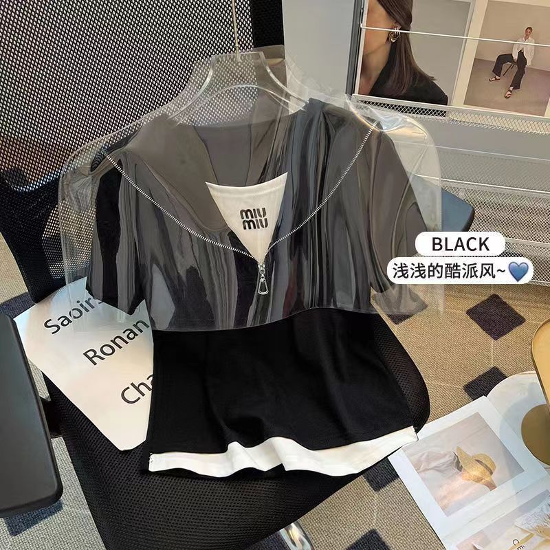 Nueva camiseta de manga corta de dos piezas falsa 2024 verano reducción de edad estilo occidental moda salvaje de manga corta ins mujer de moda delgada