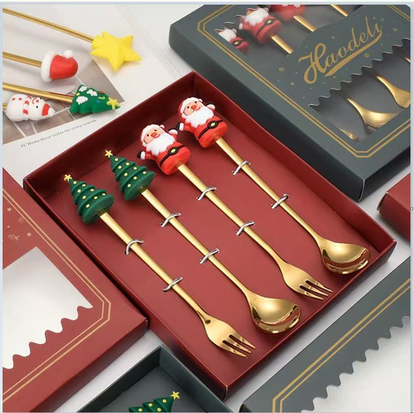 Cucharas de acero inoxidable transfronterizas muñecas de Papá Noel cubiertos cajas de regalo caseras de café mezclador cucharas de postre horquilla de frutas