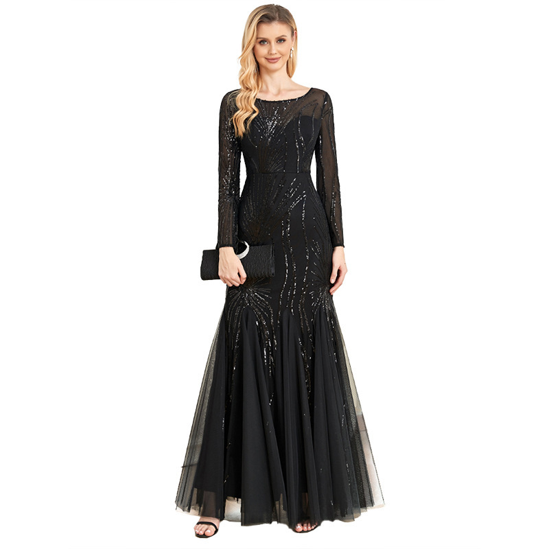 Cross-border New 2022 Dress Long Sleeve Round Neck Slim Fishtail Dress Bridesmaid Banquet Toast Evening Dress Women's Elegant Cross-border New 2022 Dress Long Sleeve Round Neck Slim Fishtail Dress Bridesmaid Banquet Toast Evening Dress Women's Elegant