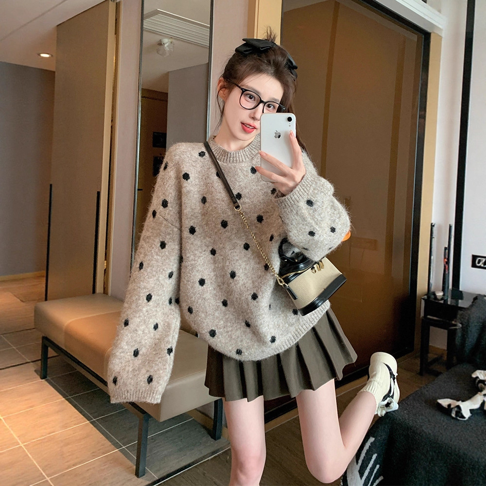卡其色波点套头毛衣女2025新款秋冬加厚宽松休闲慵懒风内搭针织衫