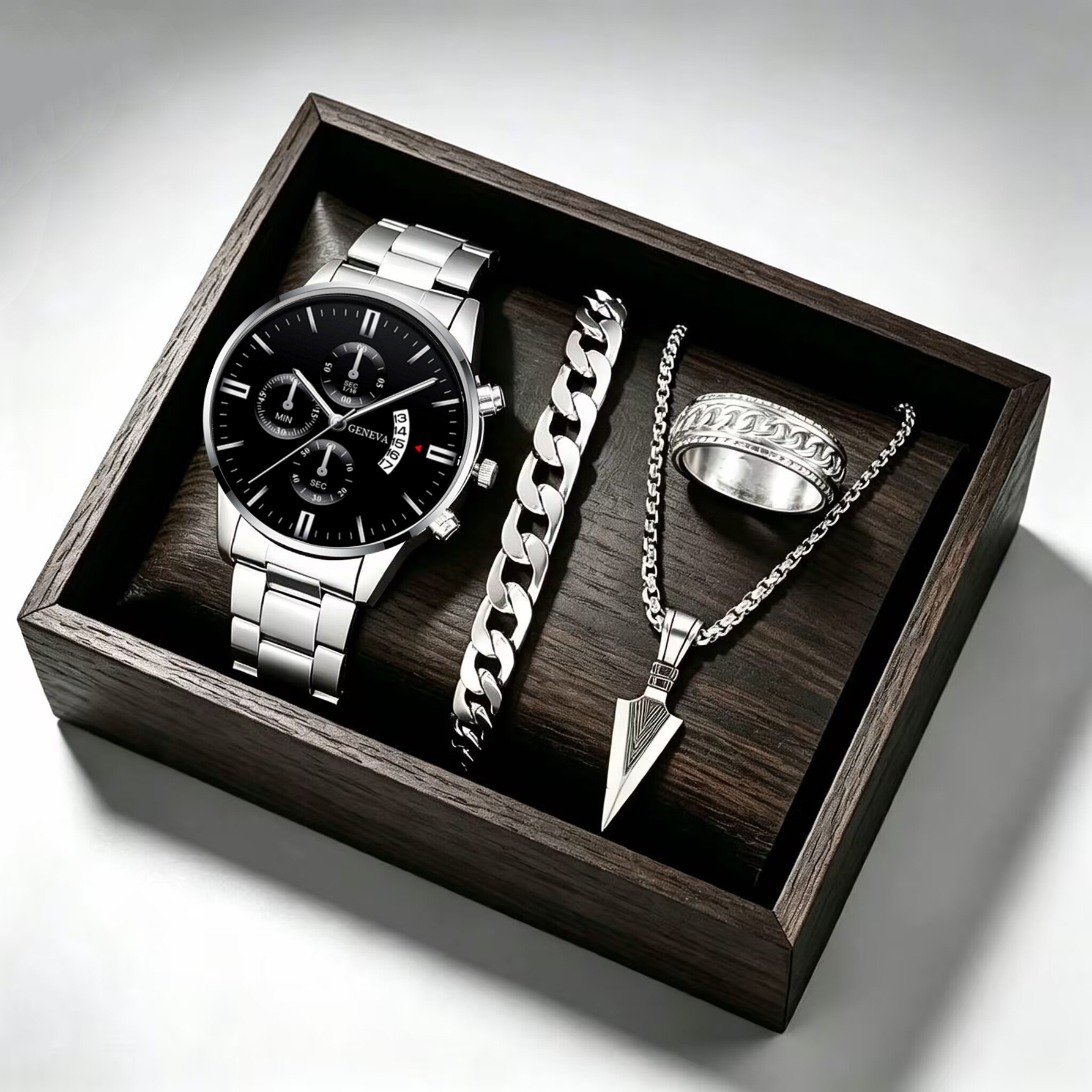 Calendario de moda clásica de moda de hombre al por mayor reloj de pulsera reloj de correa de acero reloj de negocios conjunto transfronterizo