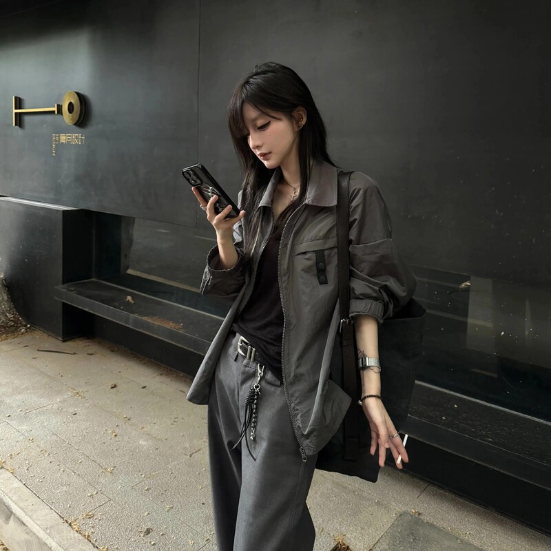 Korean Cleanfit Metal Nylon Lightweight Sun Protection Clothing Waterproof Thin Reflective Zipper Long-Sleeved Jacket