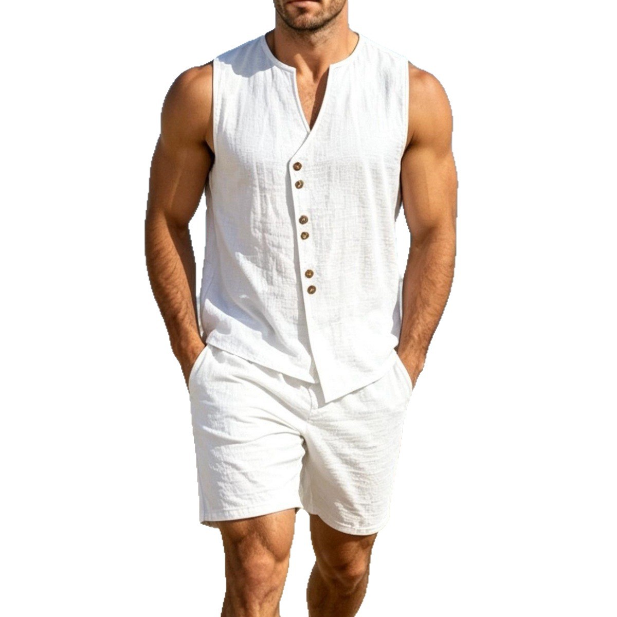 Men's Irregular Casual Cotton Linen Two Piece Set V Neck Button Sleeveless Top with Shorts_viptrois.com