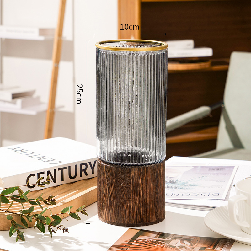 Jarrón de vidrio, soporte de madera chino, jarrón recto, arreglo floral en la sala de estar, decoración, lujo ligero, sentido avanzado, hidropónico de vidrio