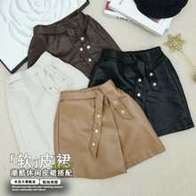 外贸女童PU小皮裙春秋季2025新款高腰a字显瘦半身裙星星扣子现货
