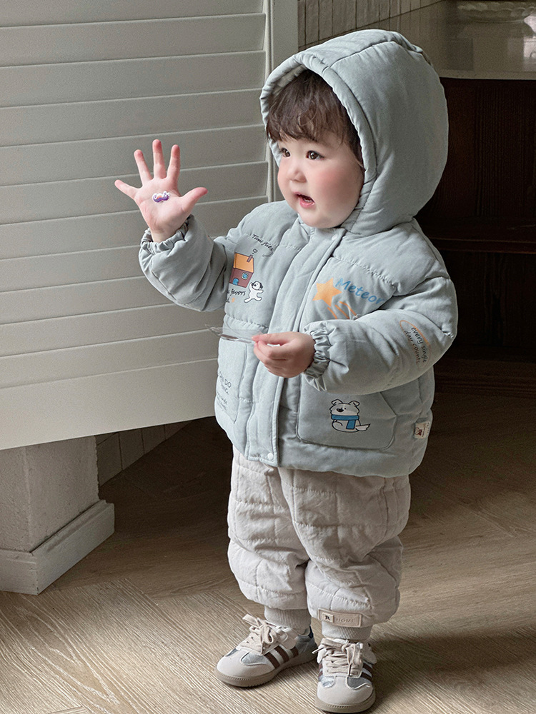 Ropa para niños coreanos dibujos animados de invierno ropa de salida cómoda y cálida ropa de algodón con capucha para niños image 1