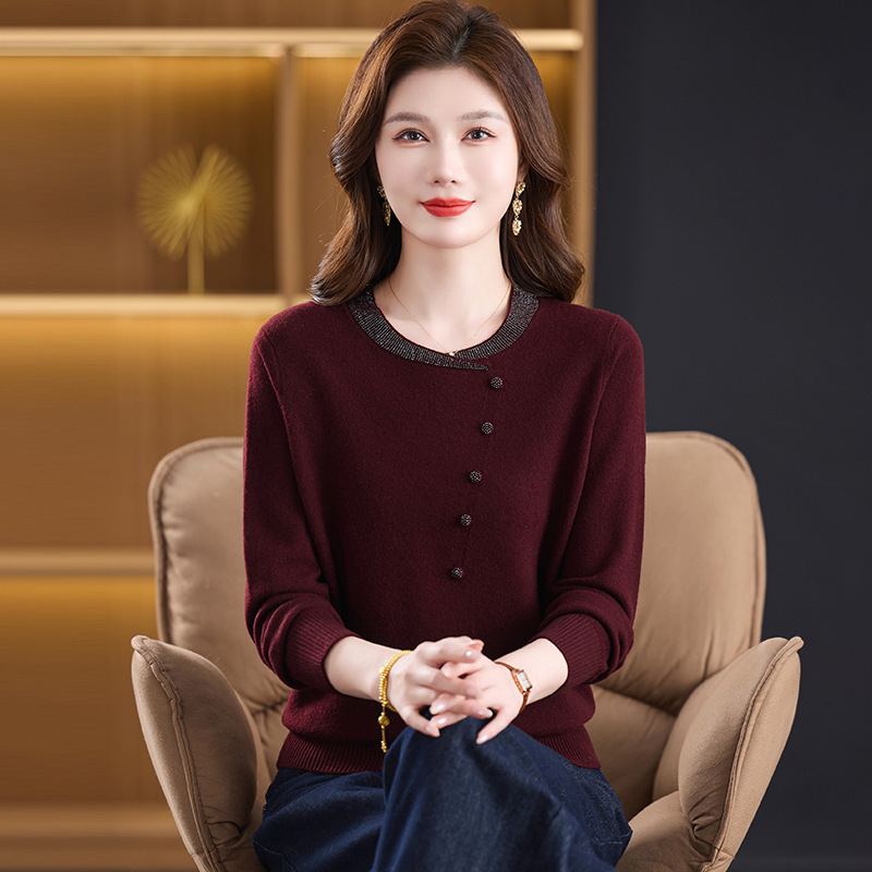100 Pure Wool Sweater Women's Autumn and Winter New Chinoiserie Round Neck Sweater Knitted Bottoming Sweater Western Style Mother's Cashmere Top