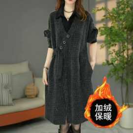 秋冬加绒加厚新品时尚简约保暖假两件宽松遮肉连衣裙打底裙子女