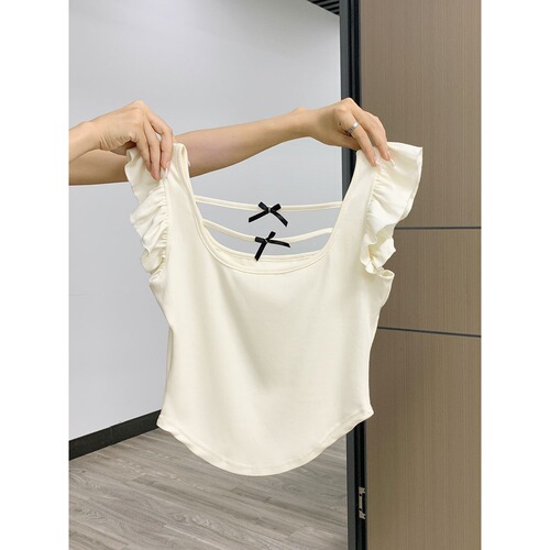 Sweet and Spicy Sister Feifei Sleeveless Collar Short Sleeve T-shirt for Women, Summer Youthful, Unconventional and Unique, Bowknot Backless Top
