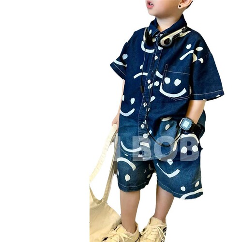 Mengkesu children's denim short-sleeved shirt 2024 summer new boys' denim suit baby shirt top