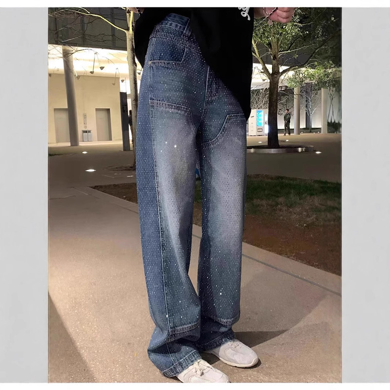 Shining Shining Glitter Pants! Deconstructed High-Temperature Yi-Shaped Diamond Pants High-Waisted Slim Casual Straight Denim
