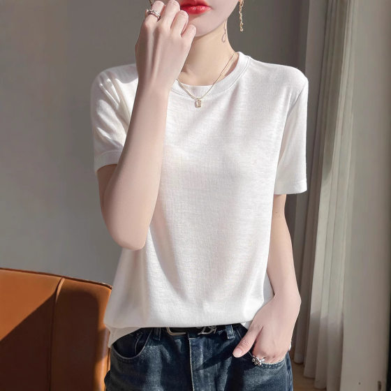 Lyocell Short-sleeved T-shirt Women's Round Neck Solid Color 2025 Summer New Base Shirt Loose Slimming Outer Wear Half-sleeved Top