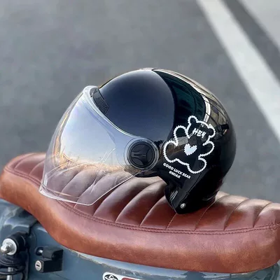 Motosiklet kaskı (dəbilqə) — motorcycle safety helmet - white-bear-black-high-definition-transparent-long-lens-3c-certified-rainproof-one-size-fits-all-unisex-head-circumference-53-60cm