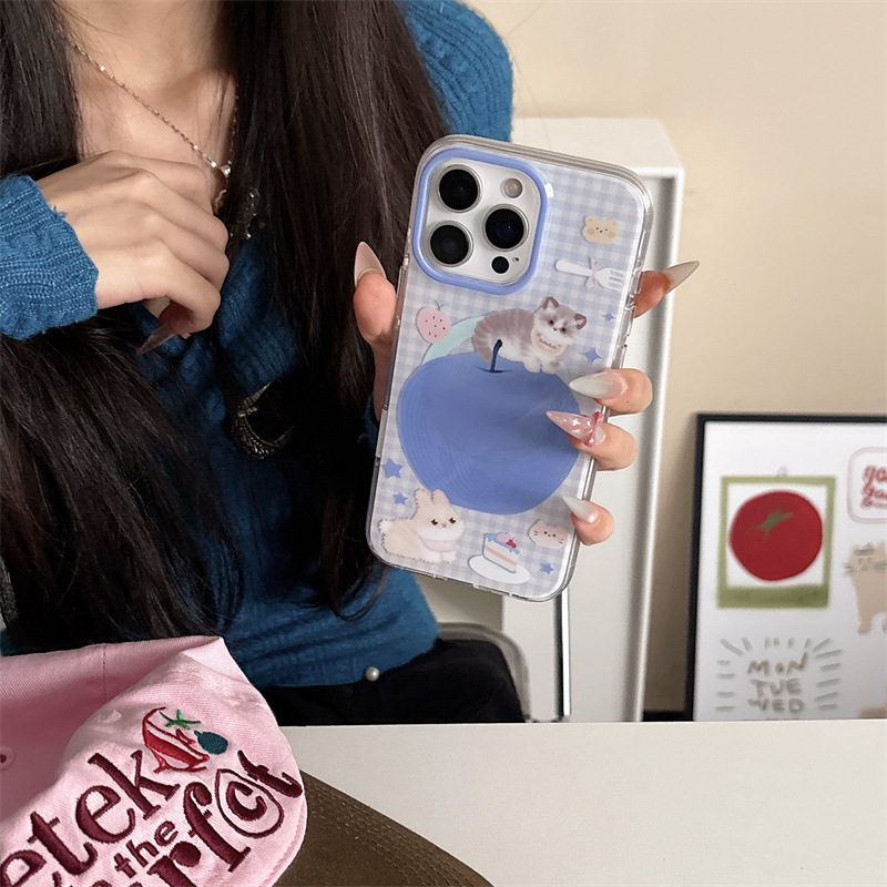 Ins viento azul a cuadros lindo gato de manzana para iphone15ProMax Apple 13/14 funda para teléfono móvil 16 mujer
