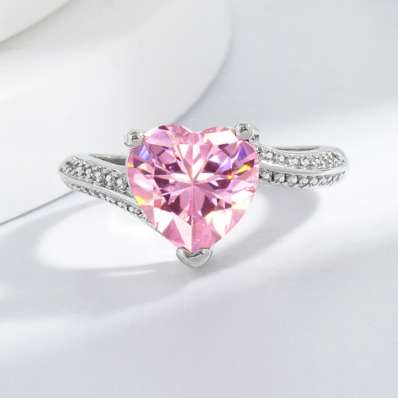 Tiktok Southeast Asia Live Selling New Style Inlaid 5A Heart-Shaped Pink Diamond Zircon Wedding Ring Women's Hand Jewelry