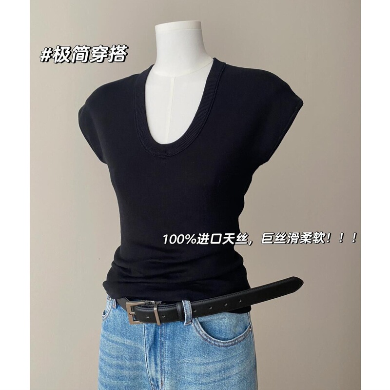 Tencel U-Neck Knitted Shoulder Short-Sleeved T-Shirt Women's Thin Summer Western Style Unique Chic Slim-Fit Slimming Top