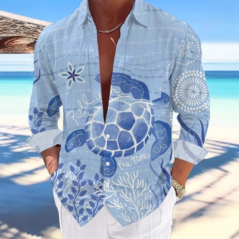 2025 Cross-Border European and American New Spring and Autum Men's Long-Sleeved Turtle Shirt 3D Digital Printing Lapel Long-Sleeved Shirt