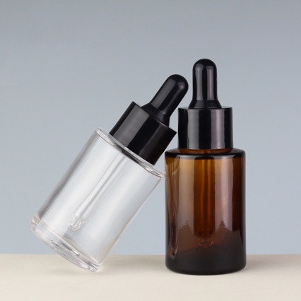 30ML en stock botella de vidrio de hombro plano transparente botella de aceite esencial marrón botella de líquido de esencia esmerilada base líquida sub-botella