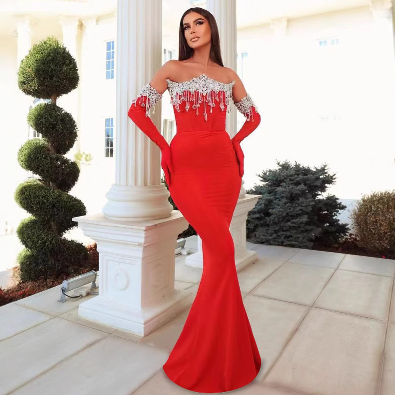 Independent Station European and American Foreign Trade Women's Red Bandage dress Annual Meeting Heavy Industry Diamond Evening Dress Beautiful High-end Independent Station European and American Foreign Trade Women's Red Bandage dress Annual Meeting Heavy Industry Diamond Evening Dress Beautiful High-end