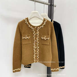 小香家新款V领金属链条装饰双口袋设计针织开衫金属纽扣气质上衣