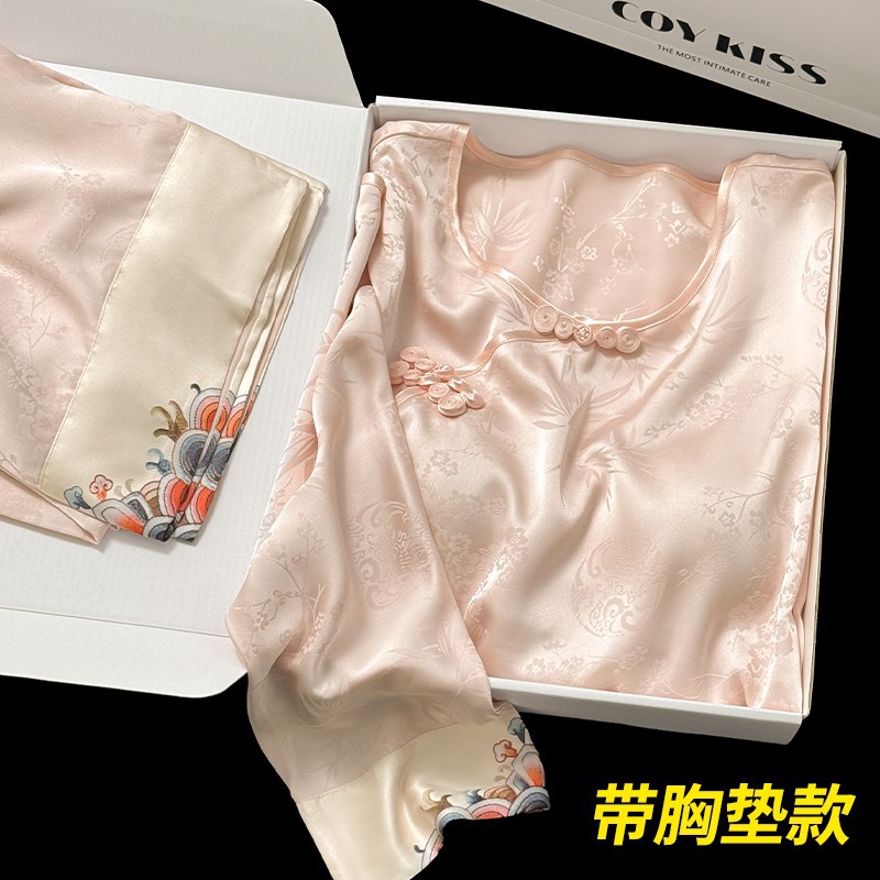 2025新款国风睡衣女款新中式宫廷风家居服冰丝嬛嬛娘娘带胸垫套装