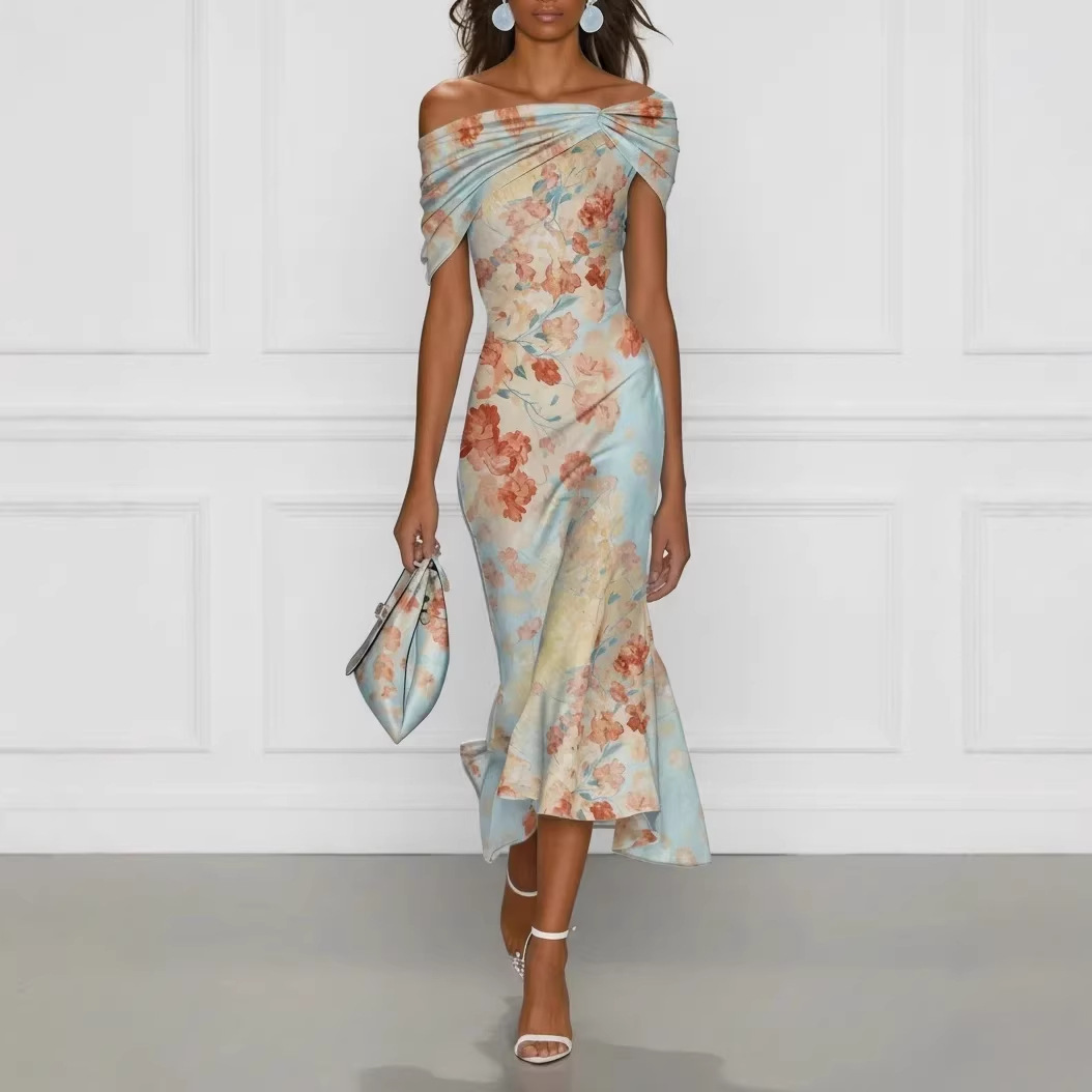 2026 European and American Women's Fashion Amazon Independent Site Digital Print Off-Shoulder Short-Sleeve Floral Elegant Long Dress