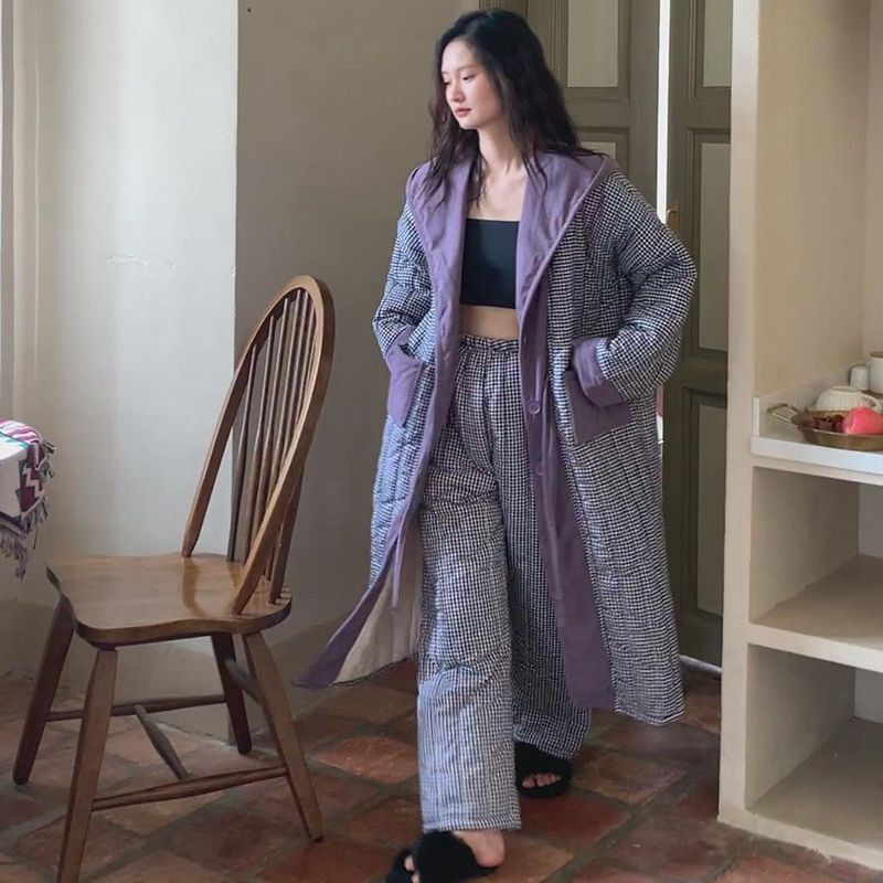 가을과 겨울에 코튼 패딩 재킷이 달린 민족 마셔 파자마 기모 두꺼운 따뜻한 격자 무늬 긴 잠옷 홈 옷 195 세트