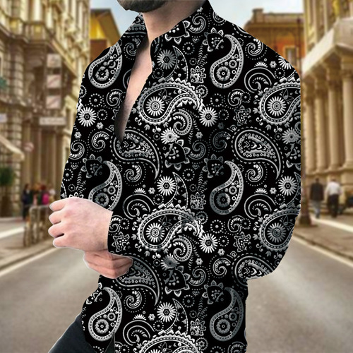 Spring Men's Digital Print Cashew Flower Striped Casual Long Sleeve Stand Collar Slim Shirt