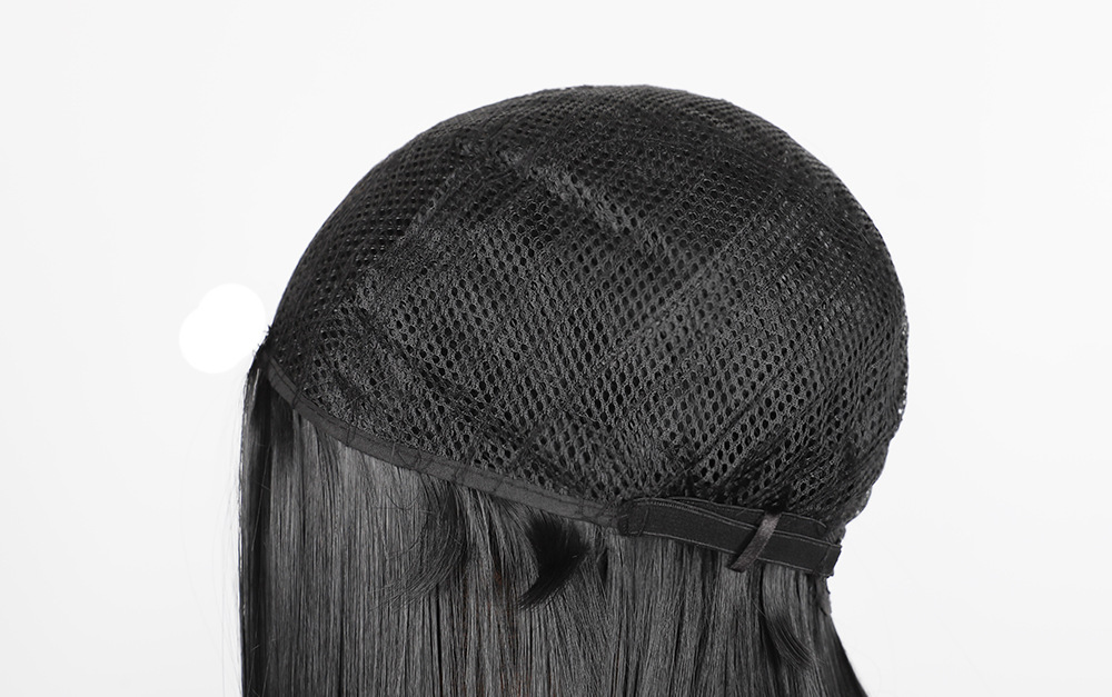 Synthetische Perücke. Schwarzes Stirnband mit geteilter Länge, glattes Haar, komplette Damenperücke aus synthetischen Fasern_voghion.com