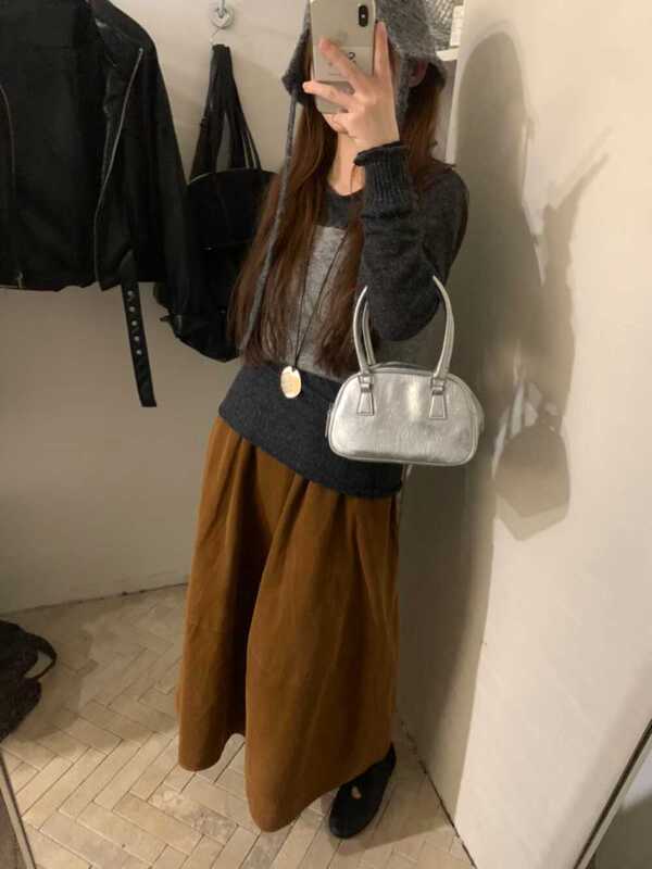韩系chic简约百搭显瘦灯芯绒弯刀半身裙女厚秋冬中长款花苞裙9色|undefined
