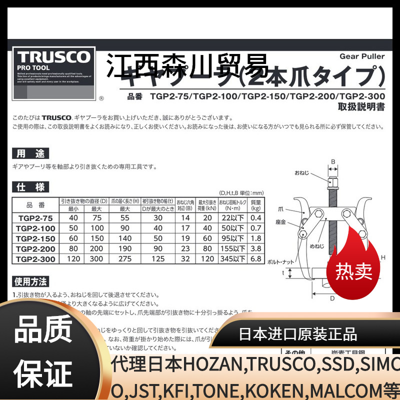 日本TRUSCO中山 TGP2-100轴承钳TGP2100爪钳 夹钳 齿轮带轮 双爪