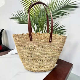 跨境大容量托特包度假法式编织包镂空编花单肩包跨境手工草编包