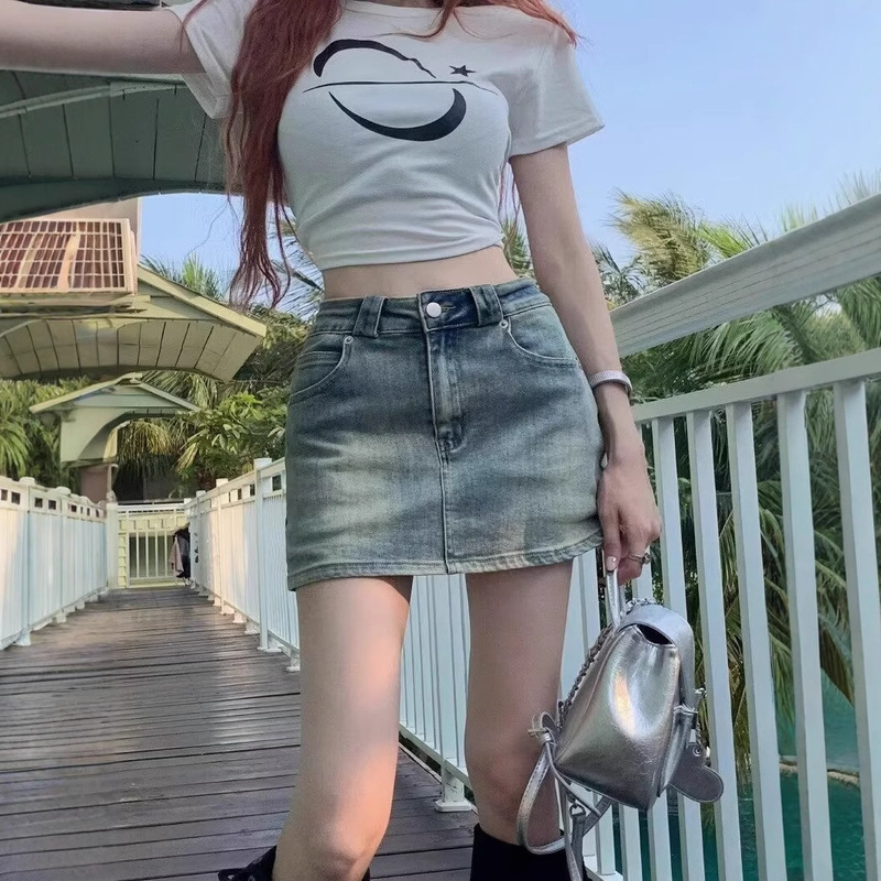 American Hot Girl Blue Retro Denim Skirt Women's Summer 2024 New Culottes Small Hip-Covering Miniskirt