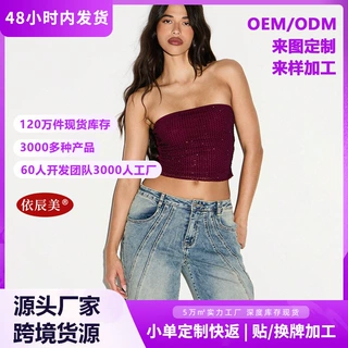 欧美跨境爆款闪钻抹胸女修身网纱无肩带短上衣夜店氛围感辣妹内搭