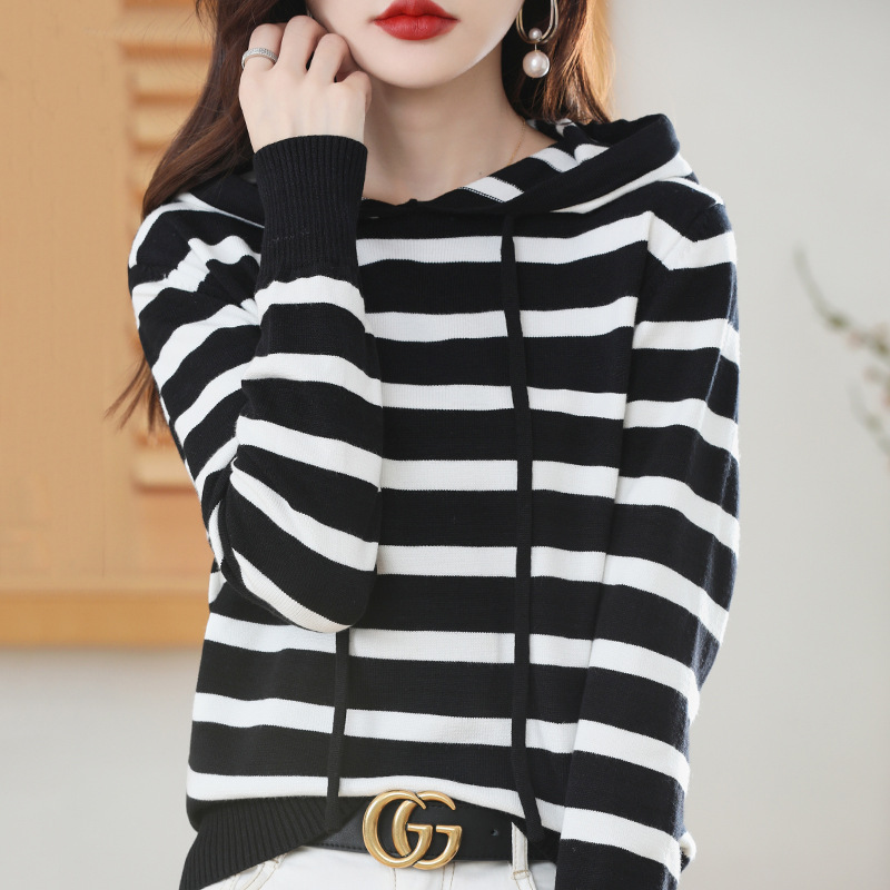 Primavera, Otoño e Invierno Nuevo suéter con capucha suelta ropa exterior a rayas suéter de las mujeres de manga larga suéter de lana estilo coreano
